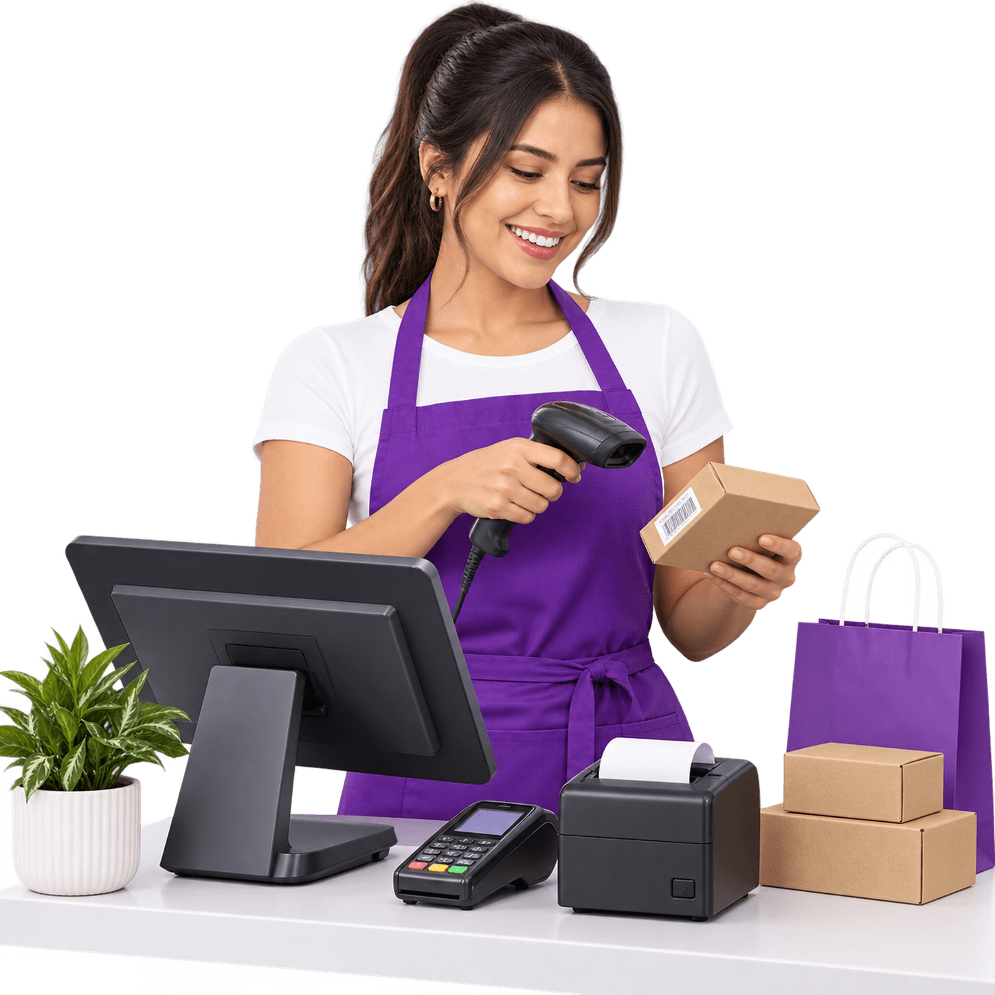 Cajera escaneando un producto con lector de código de barras junto a la terminal POS de Siwina, con datáfono e impresora de tirilla